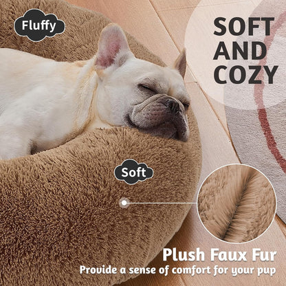 Calming Donut Dog Bed - Machine Washable Removable Cover - Comfort Plush Fluffy Faux Fur with Anti-Slip Bottom