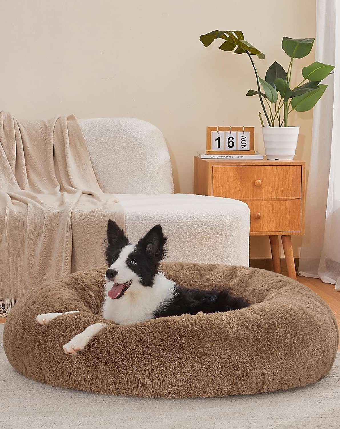 Calming Donut Dog Bed - Machine Washable Removable Cover - Comfort Plush Fluffy Faux Fur with Anti-Slip Bottom