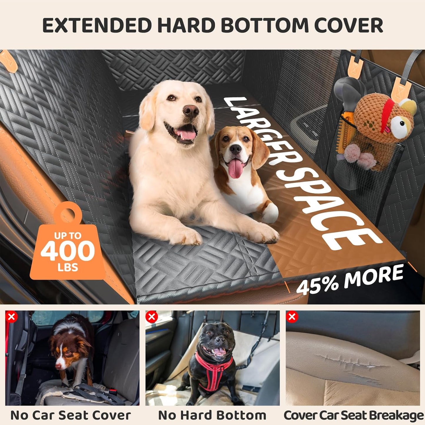 Dog Car Seat Cover for Back Seat, Hard Bottom Back Seat Extender for Dogs - Supports 400Lbs, Back Seat Pet Cover, Dog Hammock for Car SUV and Trucks