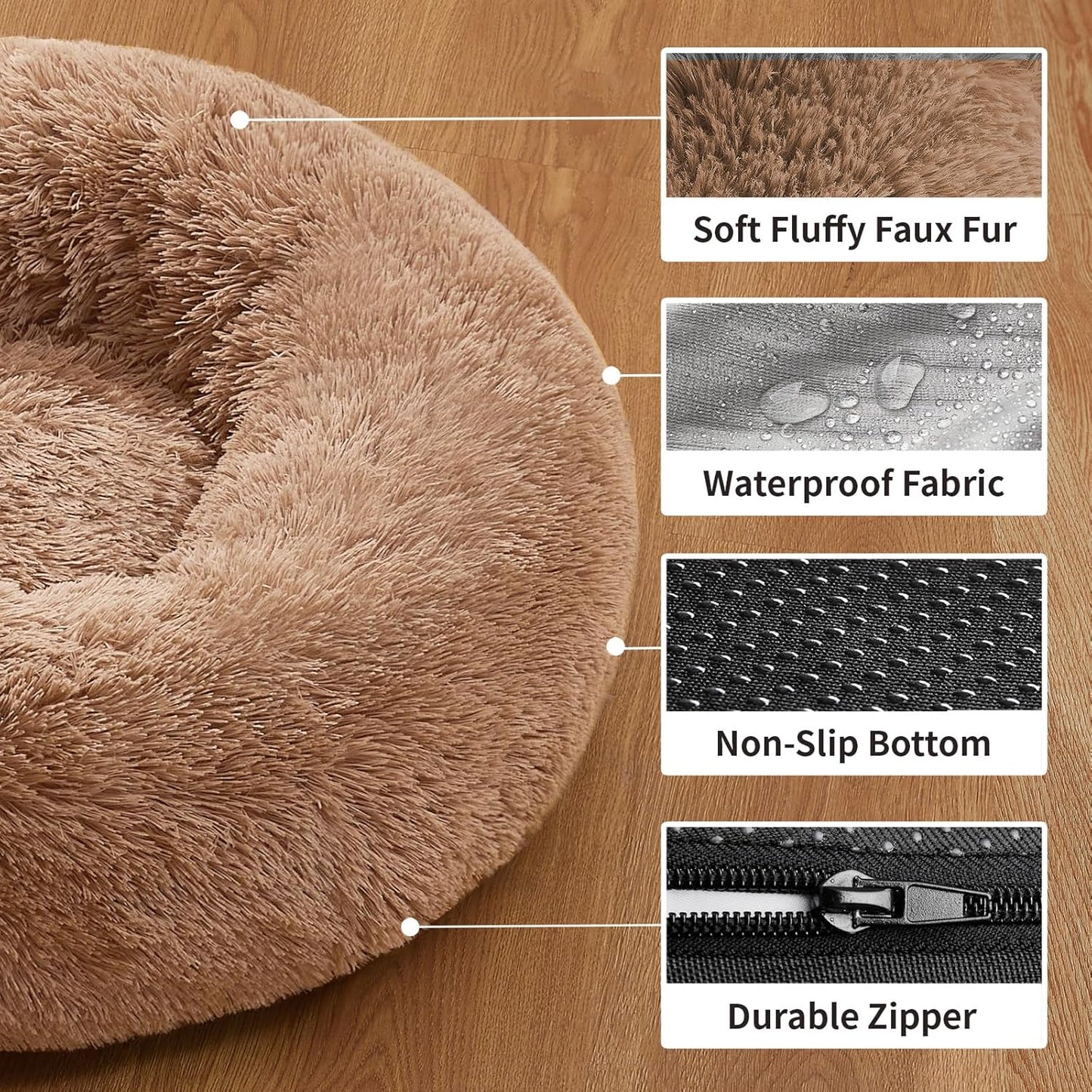 Calming Donut Dog Bed - Machine Washable Removable Cover - Comfort Plush Fluffy Faux Fur with Anti-Slip Bottom