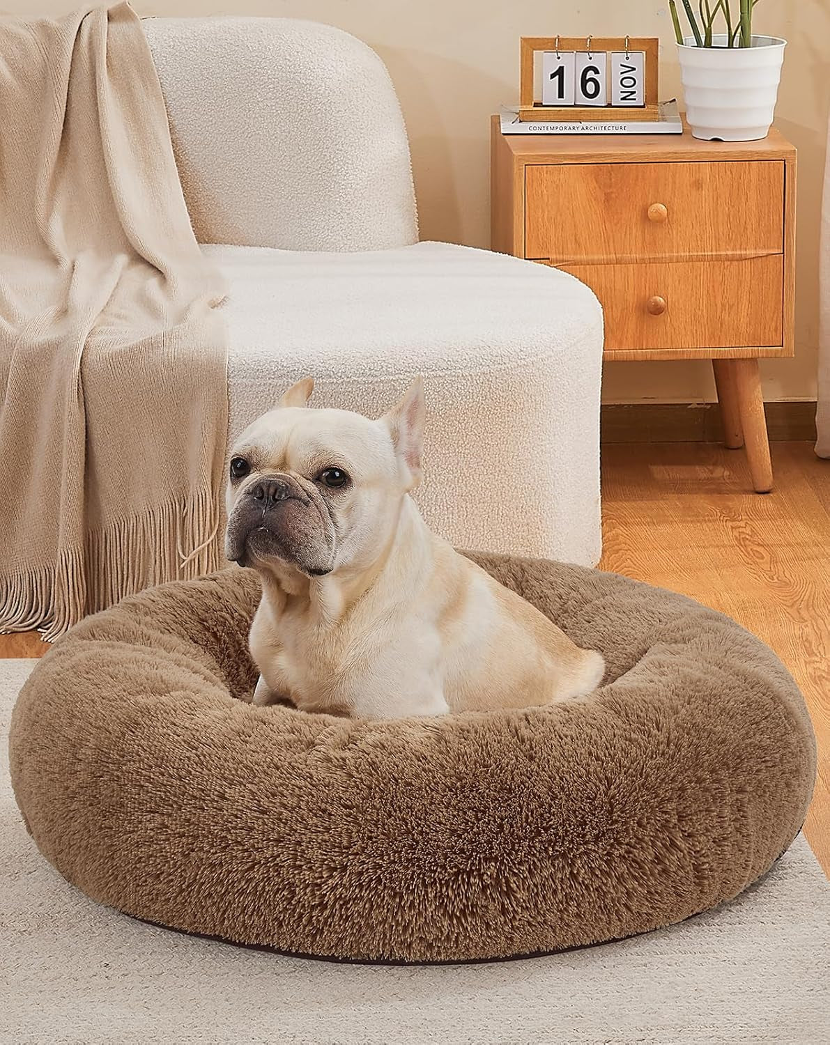 Calming Donut Dog Bed - Machine Washable Removable Cover - Comfort Plush Fluffy Faux Fur with Anti-Slip Bottom